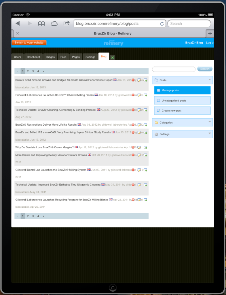 Screenshot of the blog backend on tablet