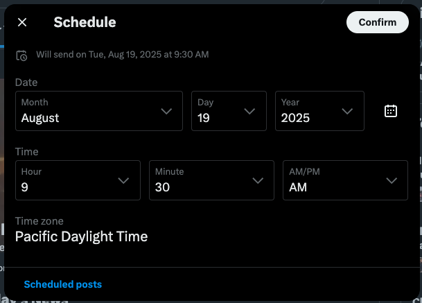 Screenshot of schedule on x.com